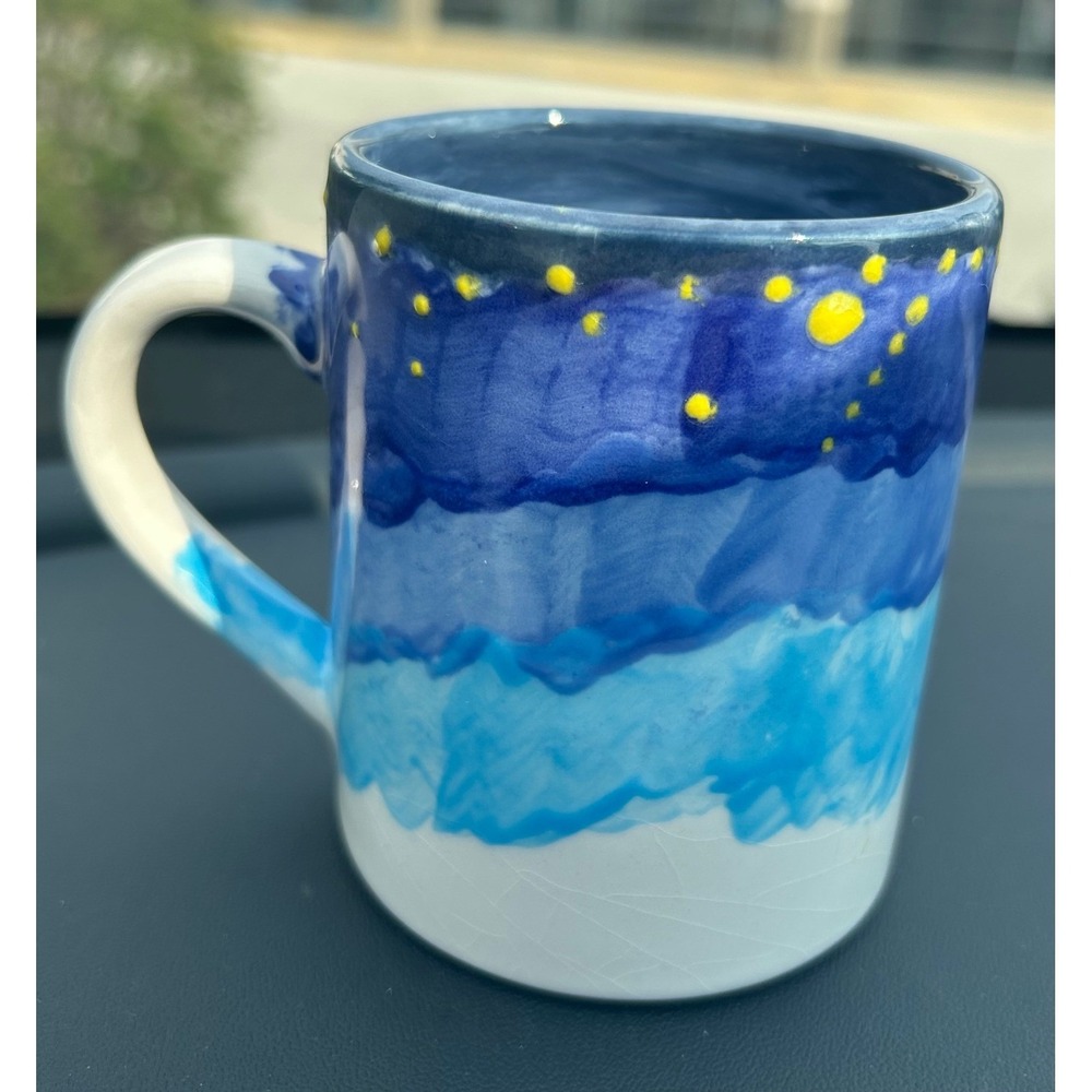 OOAK Hand painted Studio Pottery Mug Blue Ombre Starry Night Signed DCM 2019